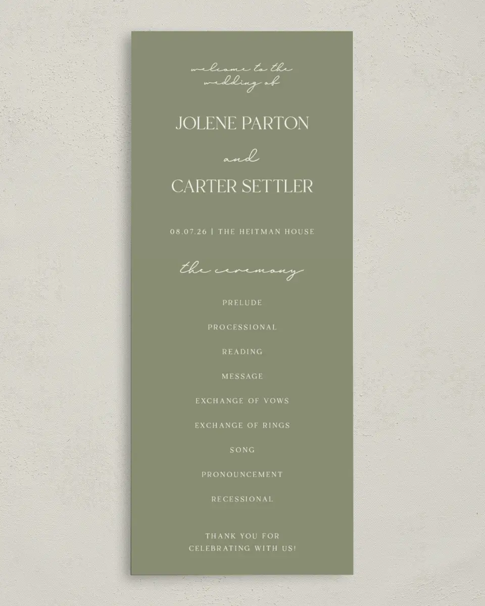 This is a 3⅝" x 8⅞" Tea-length Wedding Program called The Jolene printed in full color on Premium Smooth paper