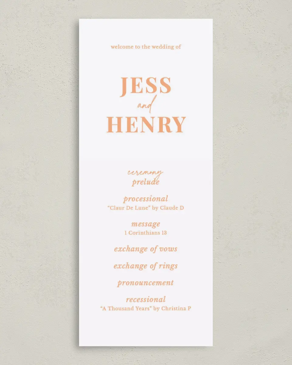 This is a 3⅝" x 8⅞" Tea-length Wedding Program called The Jess printed in full color on Premium Smooth paper