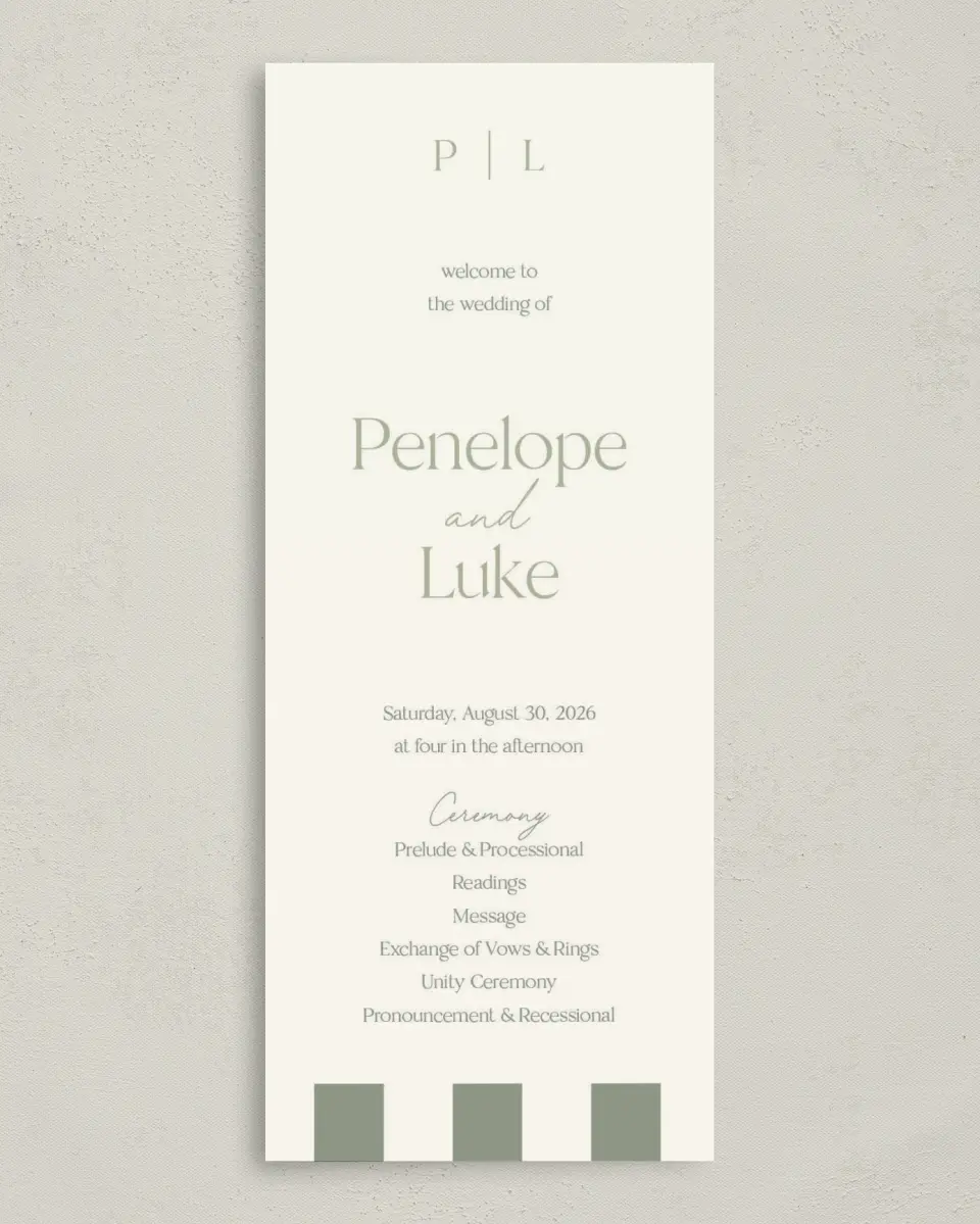 This is a 3⅝" x 8⅞" Tea-length Wedding Program called The Penelope printed in full color on Premium Smooth paper