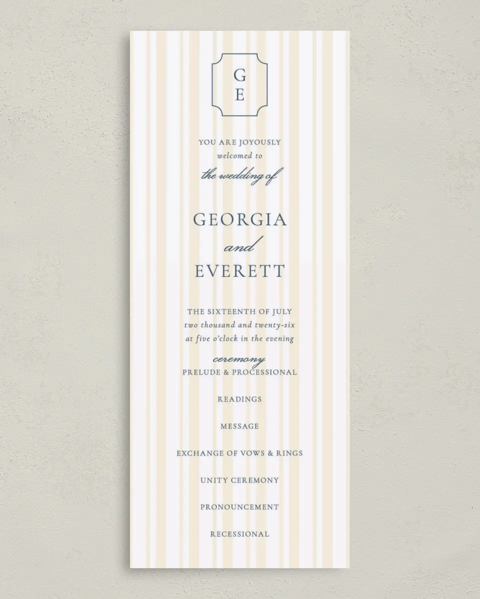 This is a 3⅝" x 8⅞" Tea-length Wedding Program called The Georgia printed in full color on Premium Smooth paper