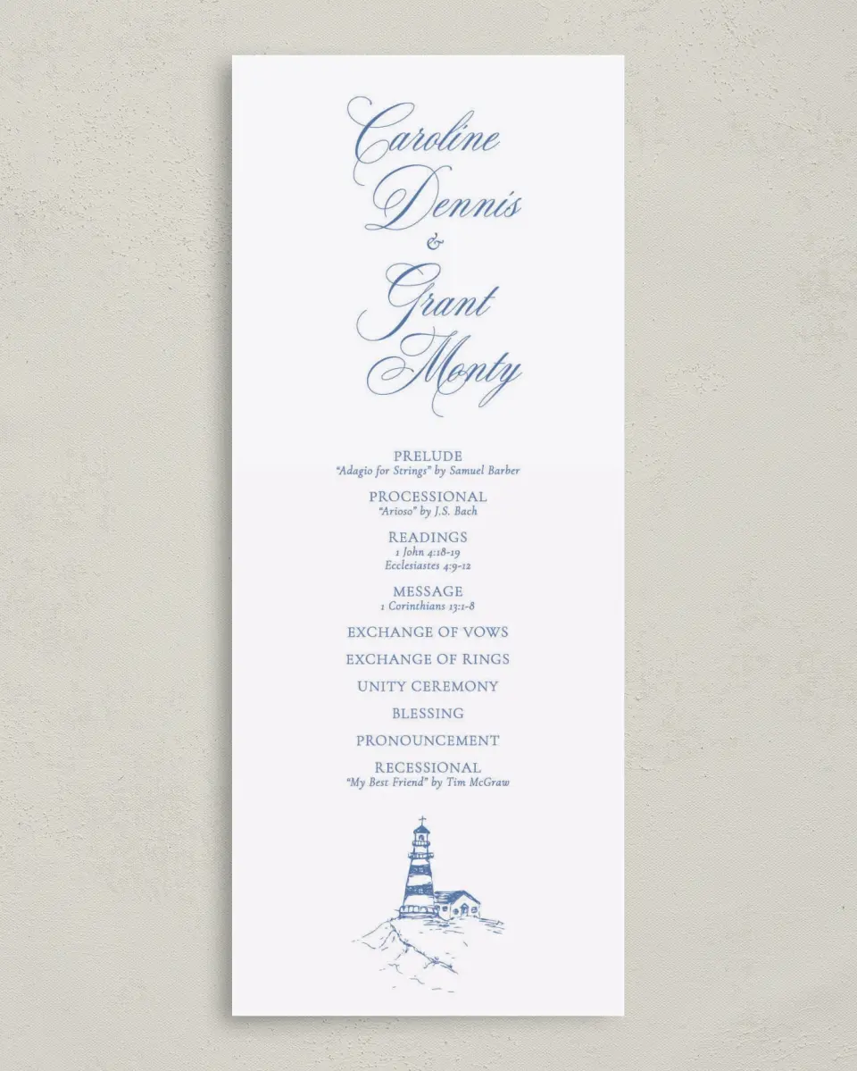 This is a 3⅝" x 8⅞" Tea-length Wedding Program called Bradley printed in full color on Premium Smooth paper