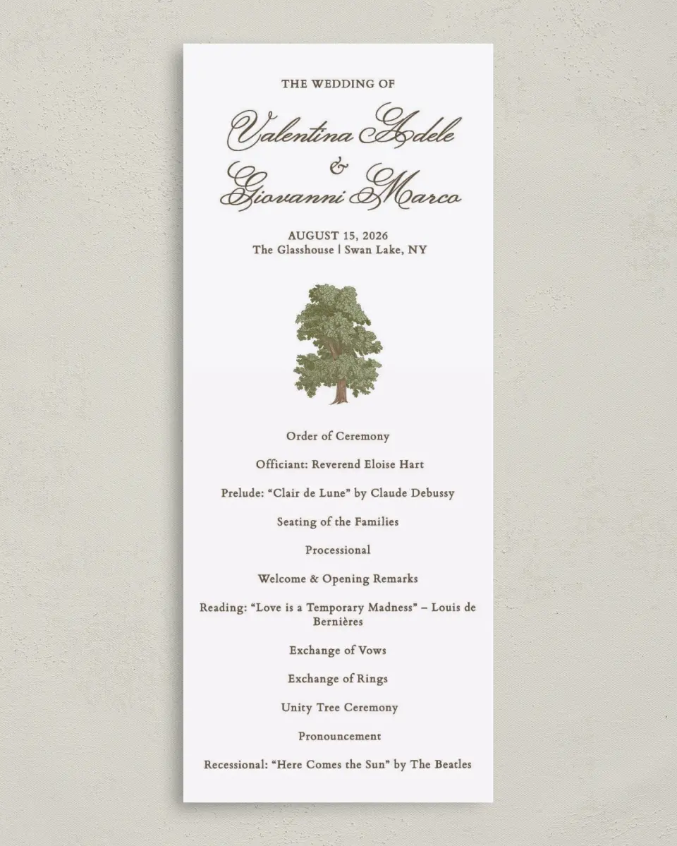 This is a 3⅝" x 8⅞" Tea-length Wedding Program called Holloway printed in full color on Premium Smooth paper