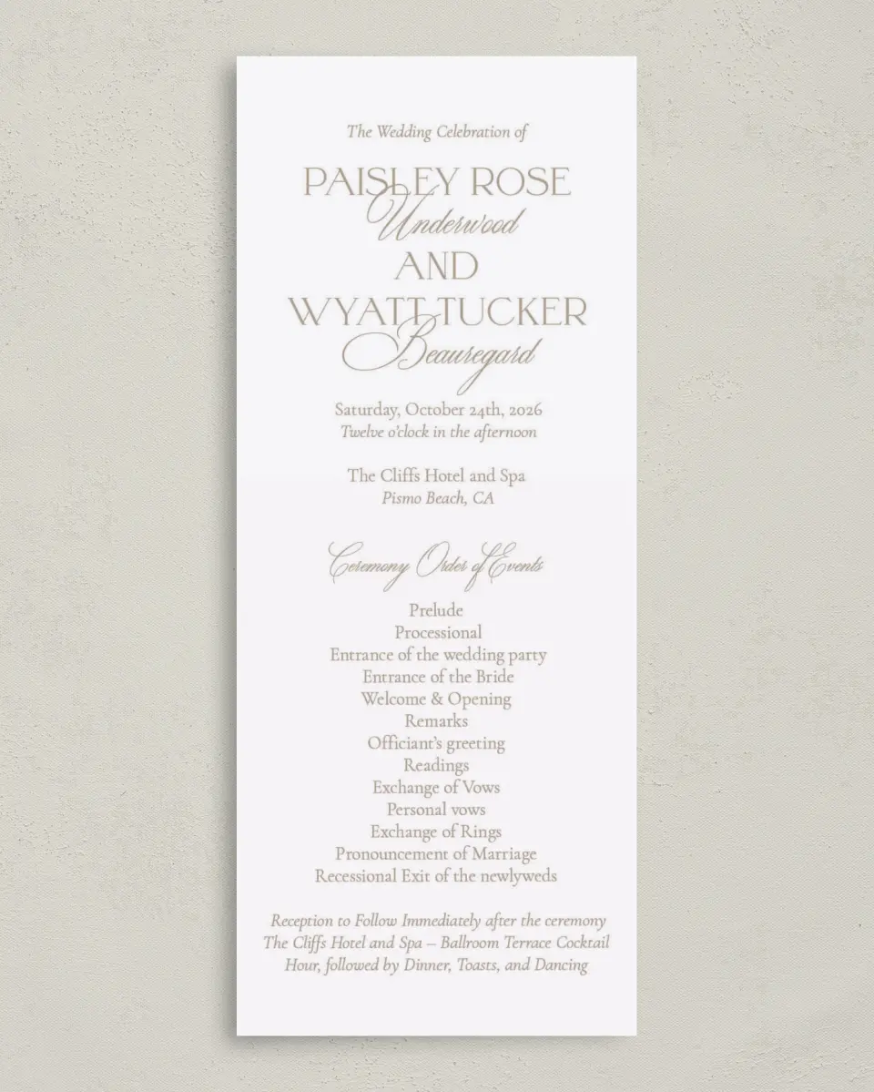 This is a 3⅝" x 8⅞" Tea-length Wedding Program called Kensington printed in full color on Premium Smooth paper