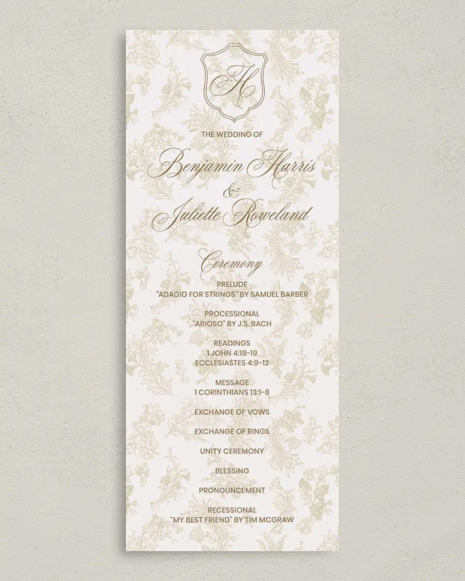 This is a 3⅝" x 8⅞" Tea-length Wedding Program called Wayzata printed in full color on Premium Smooth paper