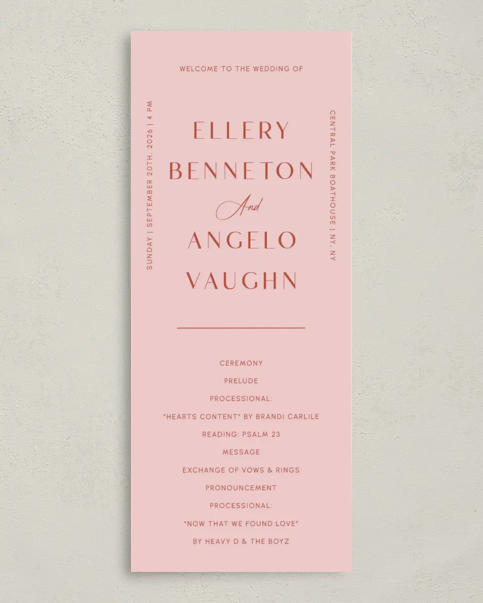 This is a 3⅝" x 8⅞" Tea-length Wedding Program called Boathouse Bliss printed in full color on Premium Smooth paper