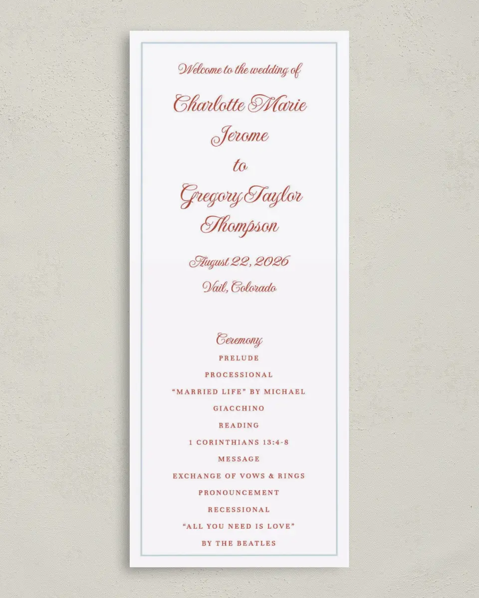 This is a 3⅝" x 8⅞" Tea-length Wedding Program called Mod Elegance printed in full color on Premium Smooth paper