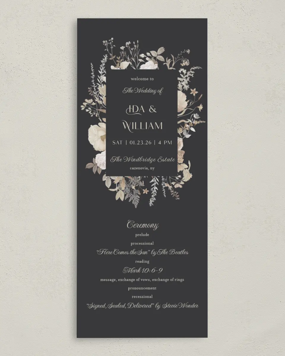 This is a 3⅝" x 8⅞" Tea-length Wedding Program called Winter Wildflowers printed in full color on Premium Smooth paper
