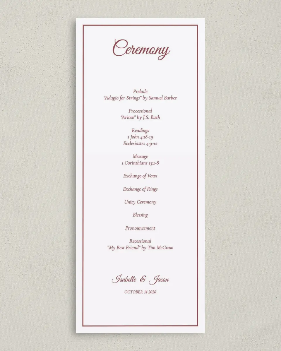 This is a 3⅝" x 8⅞" Tea-length Wedding Program called Elegant Autumn printed in full color on Premium Smooth paper