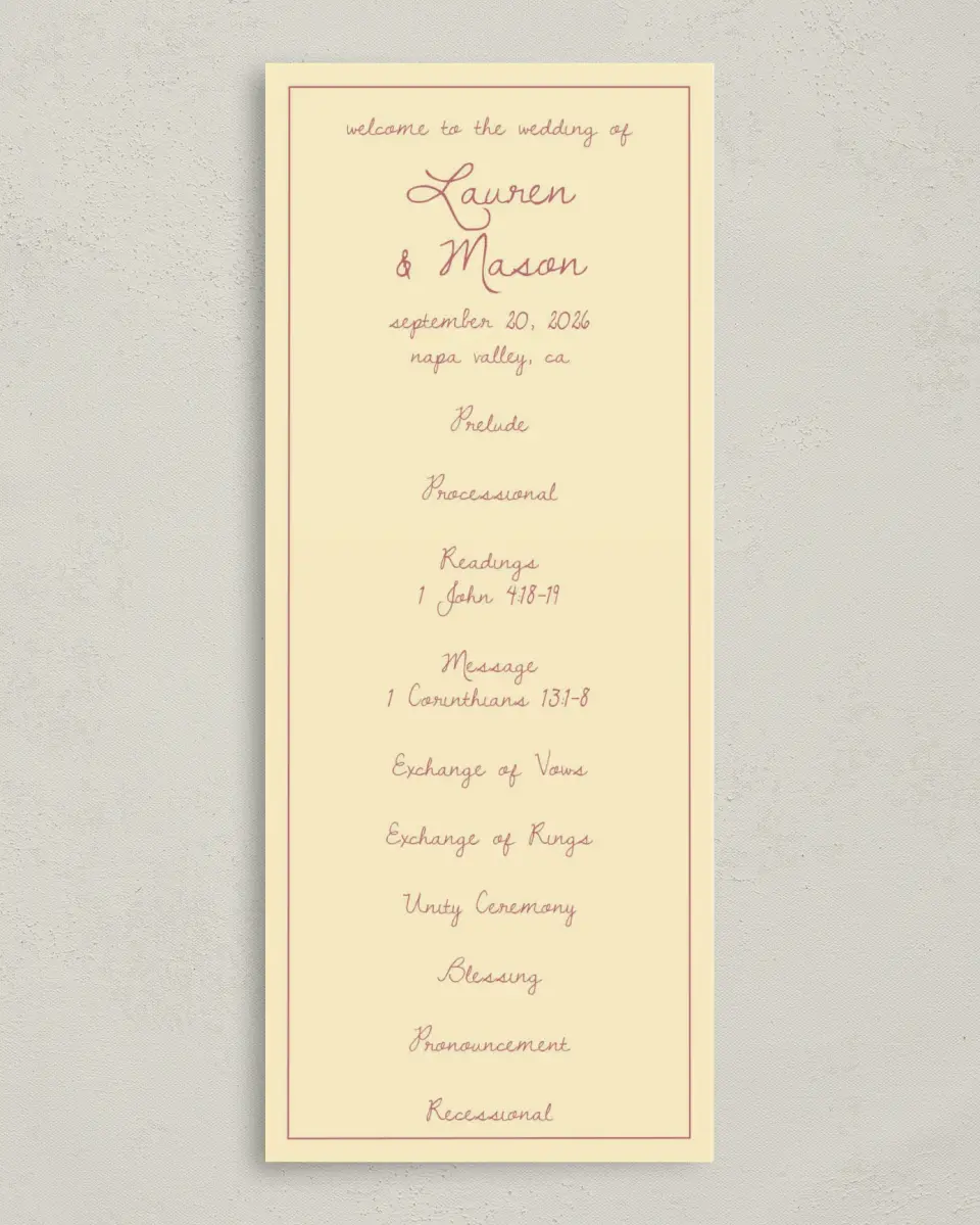 This is a 3⅝" x 8⅞" Tea-length Wedding Program called Forever Bud printed in full color on Premium Smooth paper