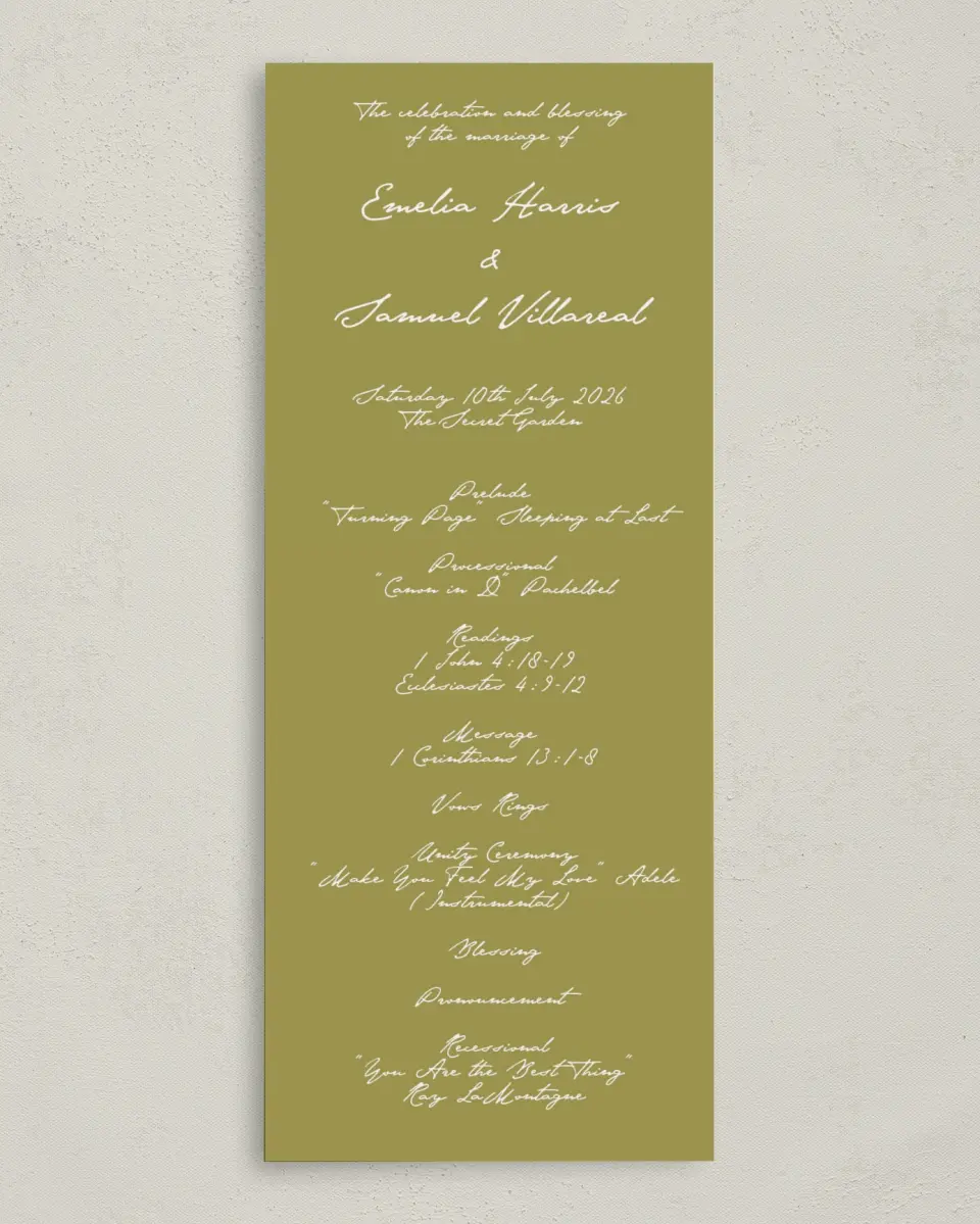 This is a 3⅝" x 8⅞" Tea-length Wedding Program called With Love printed in full color on Premium Smooth paper