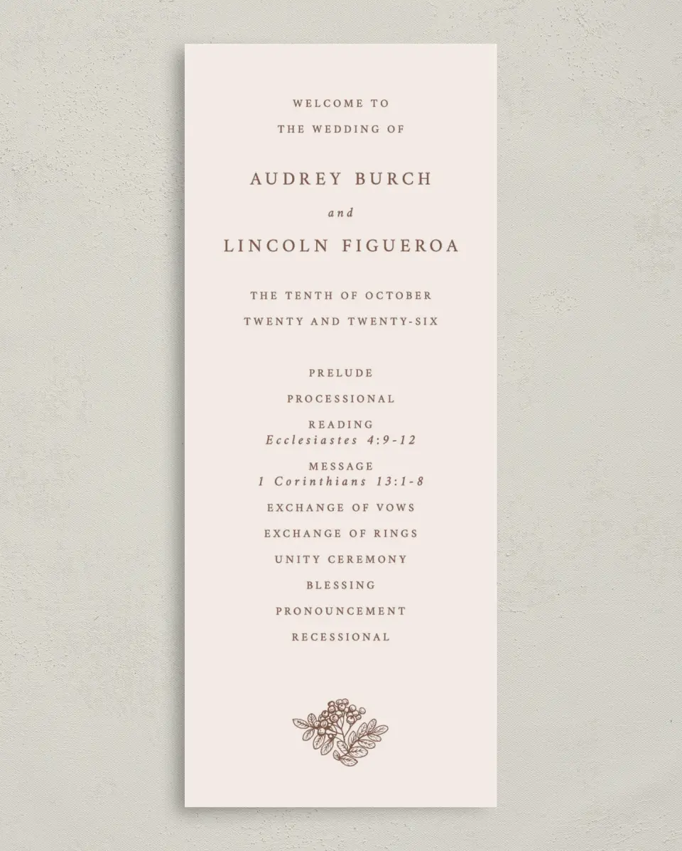 This is a 3⅝" x 8⅞" Tea-length Wedding Program called Autumn Vow printed in full color on Premium Smooth paper