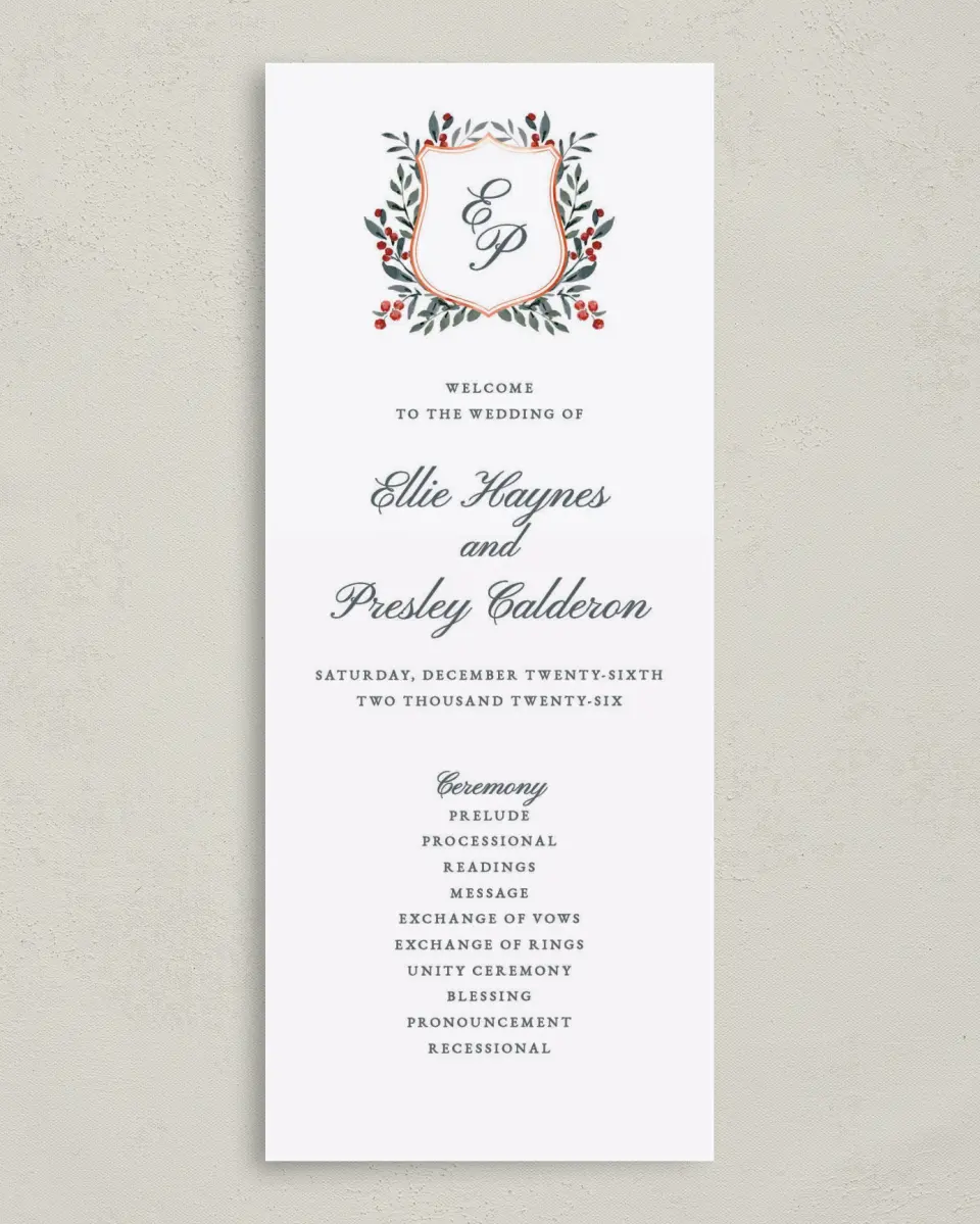 This is a 3⅝" x 8⅞" Tea-length Wedding Program called Heirloom Holly printed in full color on Premium Smooth paper