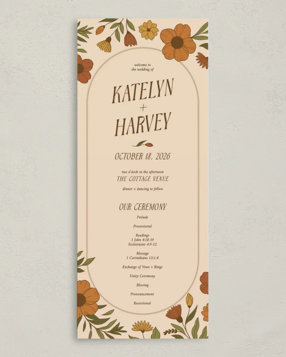This is a 3⅝" x 8⅞" Tea-length Wedding Program called Wild + Bright printed in full color on Premium Smooth paper