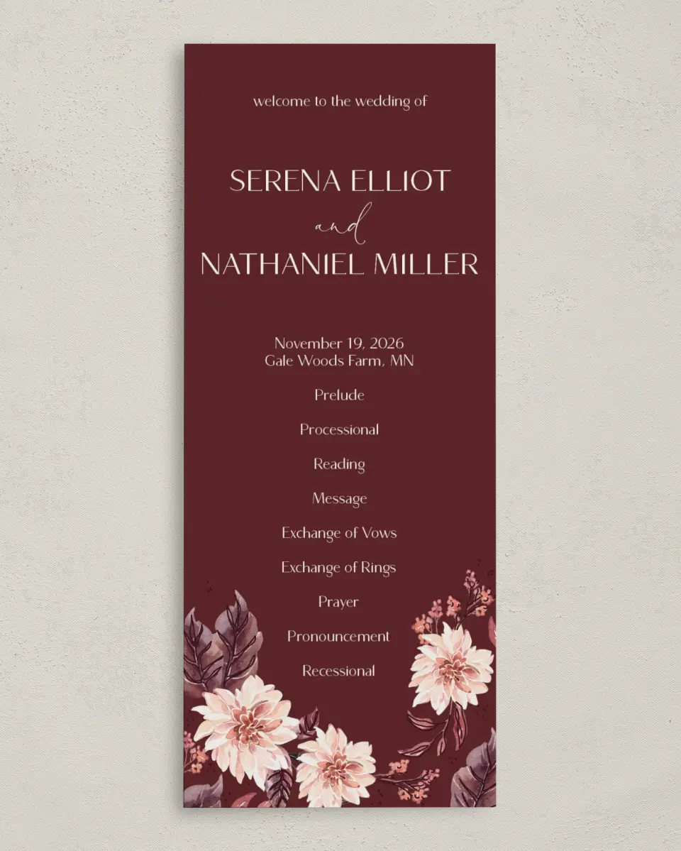 This is a 3⅝" x 8⅞" Tea-length Wedding Program called Fall Florals printed in full color on Premium Smooth paper