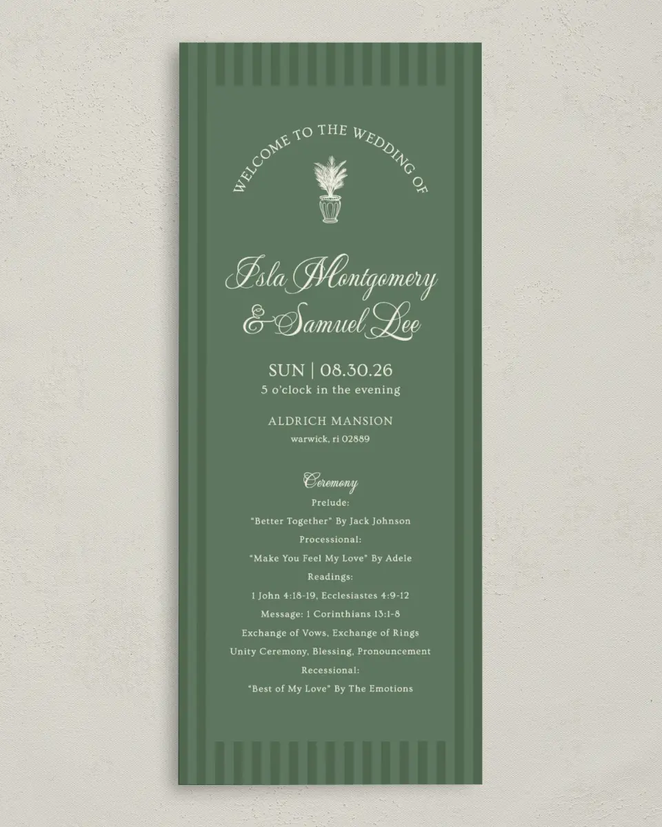 This is a 3⅝" x 8⅞" Tea-length Wedding Program called Warwick printed in full color on Premium Smooth paper