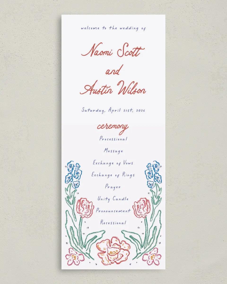 This is a 3⅝" x 8⅞" Tea-length Wedding Program called Whimsy Love printed in full color on Premium Smooth paper