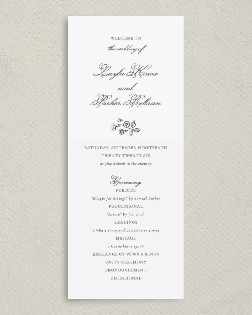 This is a 3⅝" x 8⅞" Tea-length Wedding Program called Holderness printed in full color on Premium Smooth paper