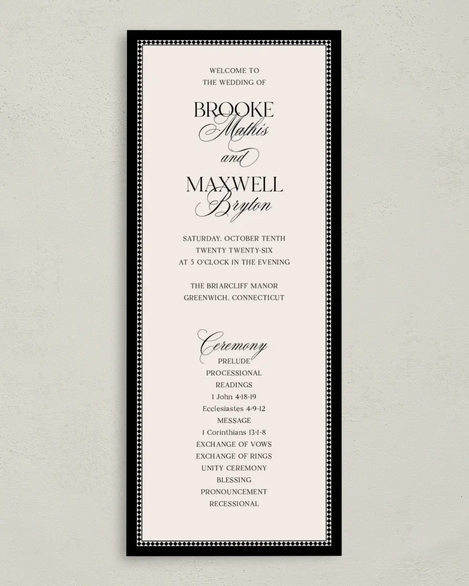 This is a 3⅝" x 8⅞" Tea-length Wedding Program called Greenwich printed in full color on Premium Smooth paper