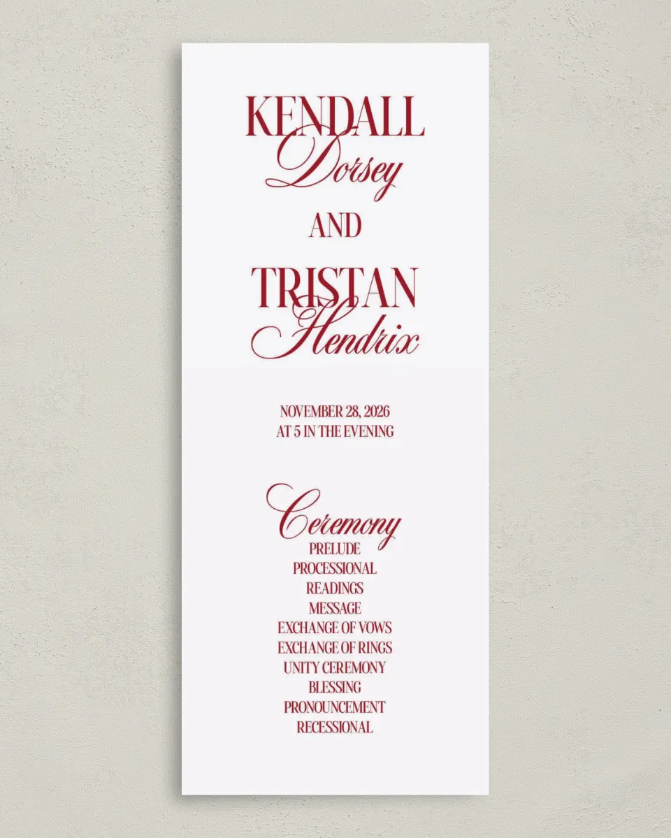 This is a 3⅝" x 8⅞" Tea-length Wedding Program called Montecito printed in full color on Premium Smooth paper