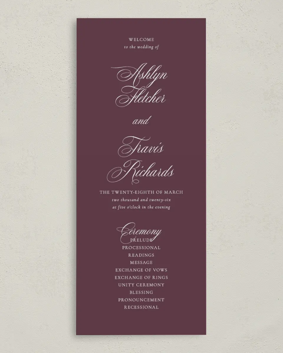 This is a 3⅝" x 8⅞" Tea-length Wedding Program called Georgetown printed in full color on Premium Smooth paper