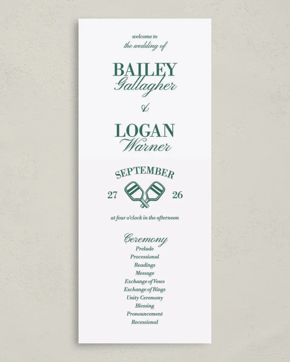 This is a 3⅝" x 8⅞" Tea-length Wedding Program called Serving Up Forever printed in full color on Premium Smooth paper