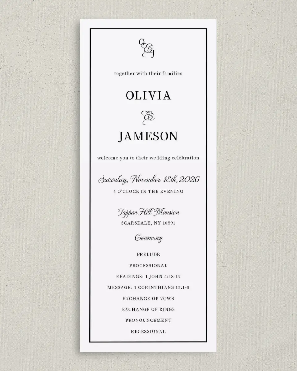 This is a 3⅝" x 8⅞" Tea-length Wedding Program called Scarsdale printed in full color on Premium Smooth paper