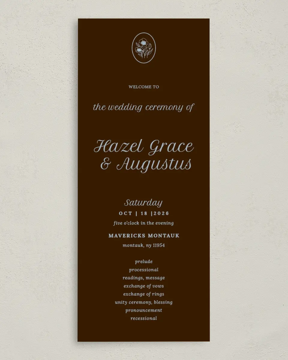 This is a 3⅝" x 8⅞" Tea-length Wedding Program called Montauk printed in full color on Premium Smooth paper