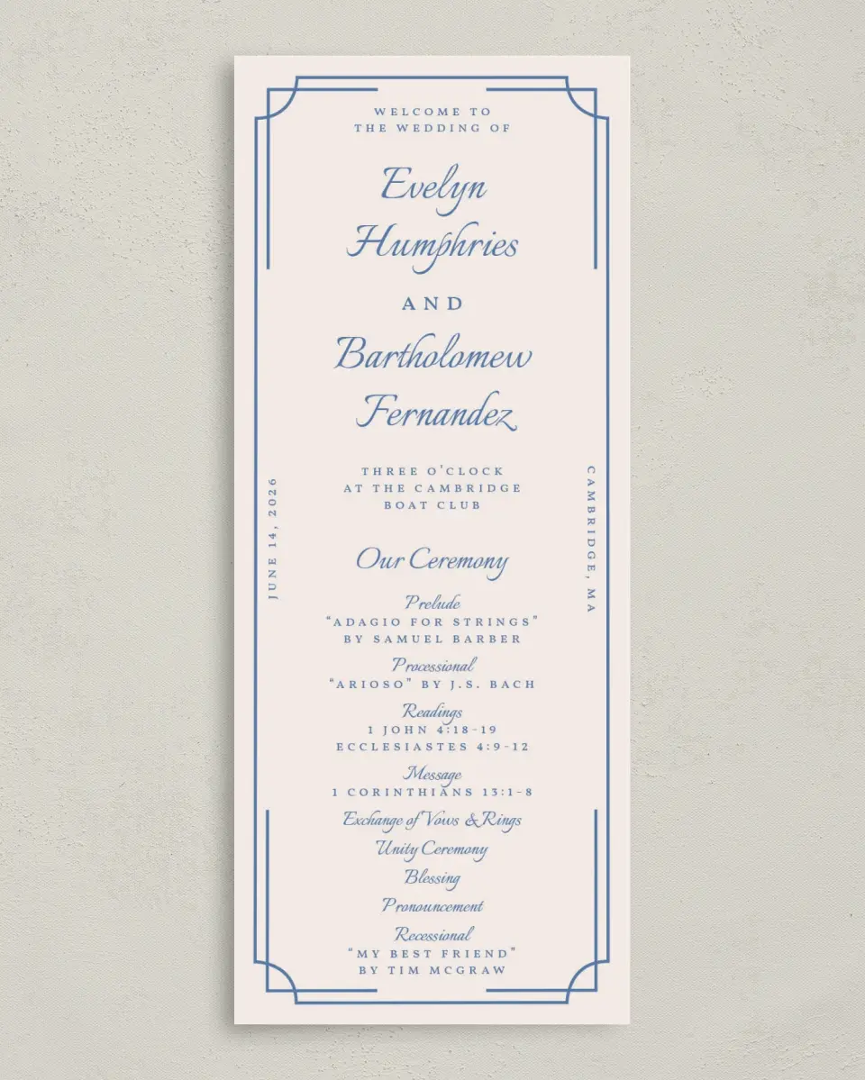 This is a 3⅝" x 8⅞" Tea-length Wedding Program called Cambridge printed in full color on Premium Smooth paper