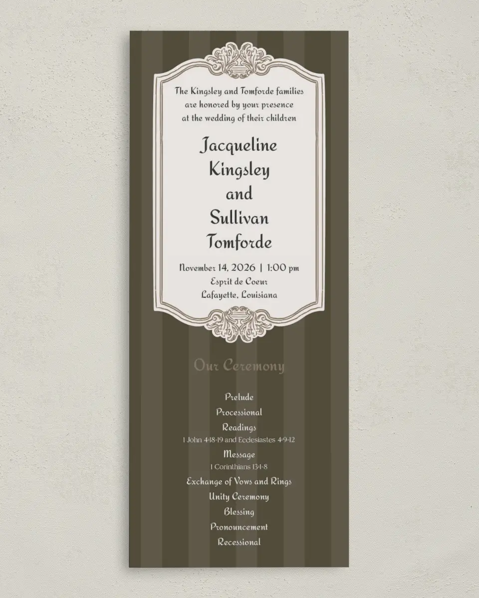 This is a 3⅝" x 8⅞" Tea-length Wedding Program called Lafayette printed in full color on Premium Smooth paper