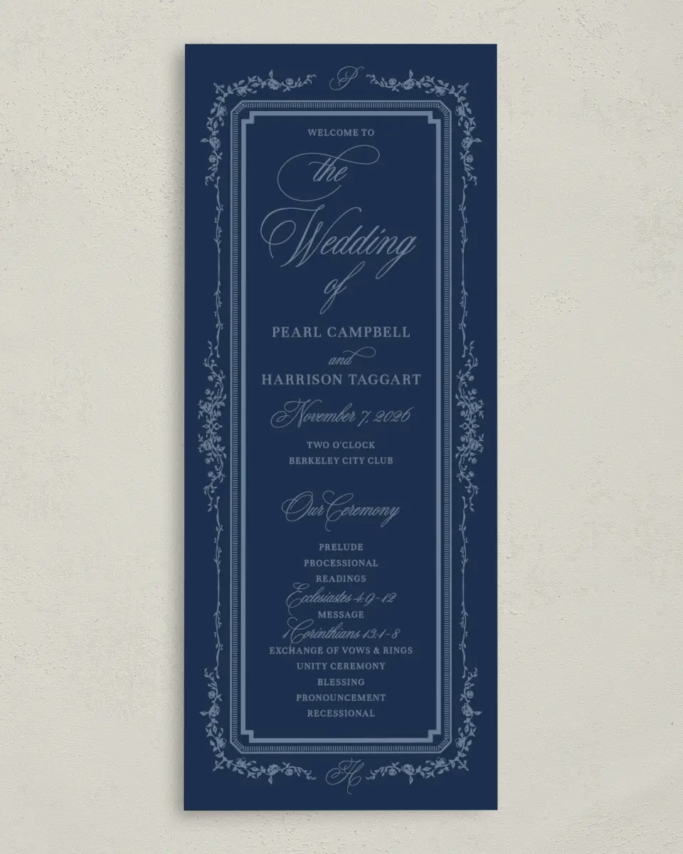 This is a 3⅝" x 8⅞" Tea-length Wedding Program called Berkeley printed in full color on Premium Smooth paper