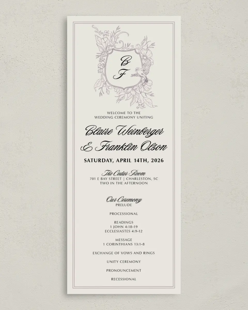 This is a 3⅝" x 8⅞" Tea-length Wedding Program called Charleston printed in full color on Premium Smooth paper