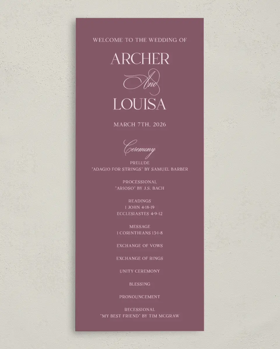This is a 3⅝" x 8⅞" Tea-length Wedding Program called Roswell printed in full color on Premium Smooth paper