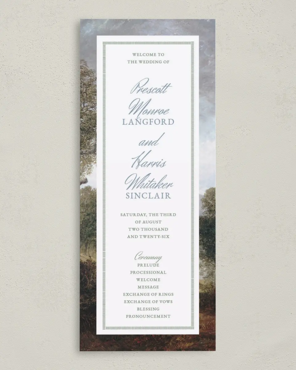 This is a 3⅝" x 8⅞" Tea-length Wedding Program called Watch Hill printed in full color on Premium Smooth paper