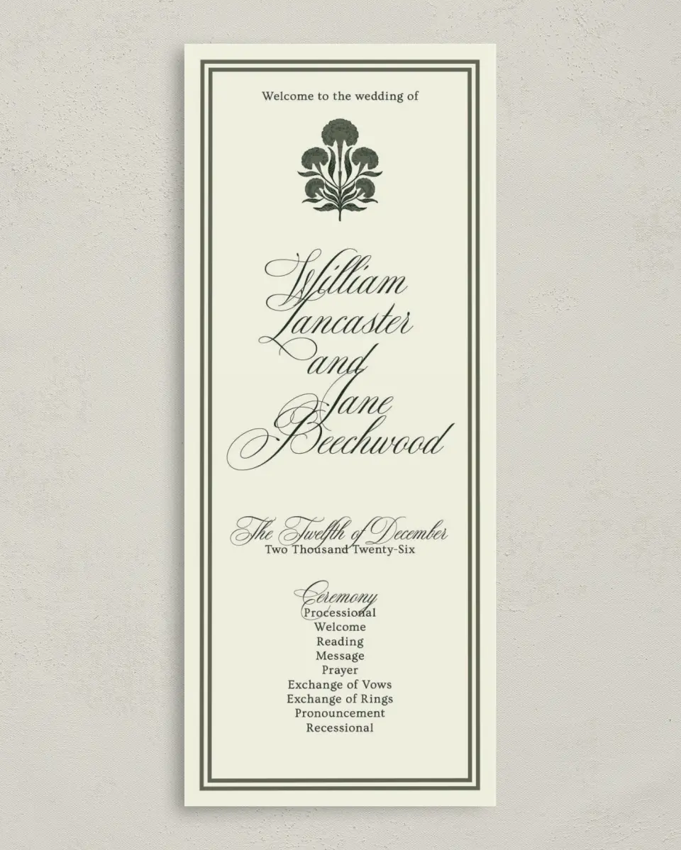 This is a 3⅝" x 8⅞" Tea-length Wedding Program called Hillsborough printed in full color on Premium Smooth paper