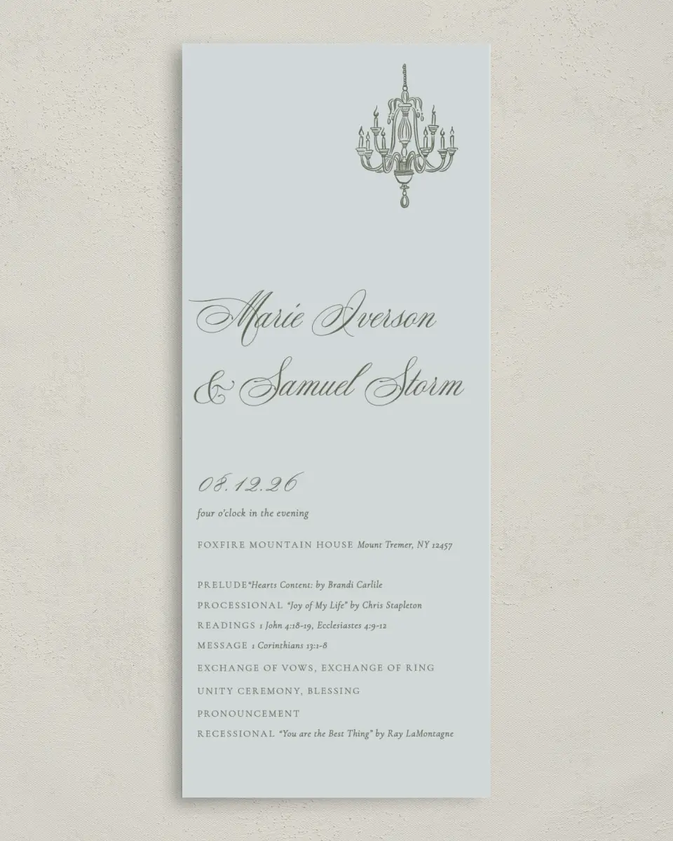 This is a 3⅝" x 8⅞" Tea-length Wedding Program called Foxfire printed in full color on Premium Smooth paper
