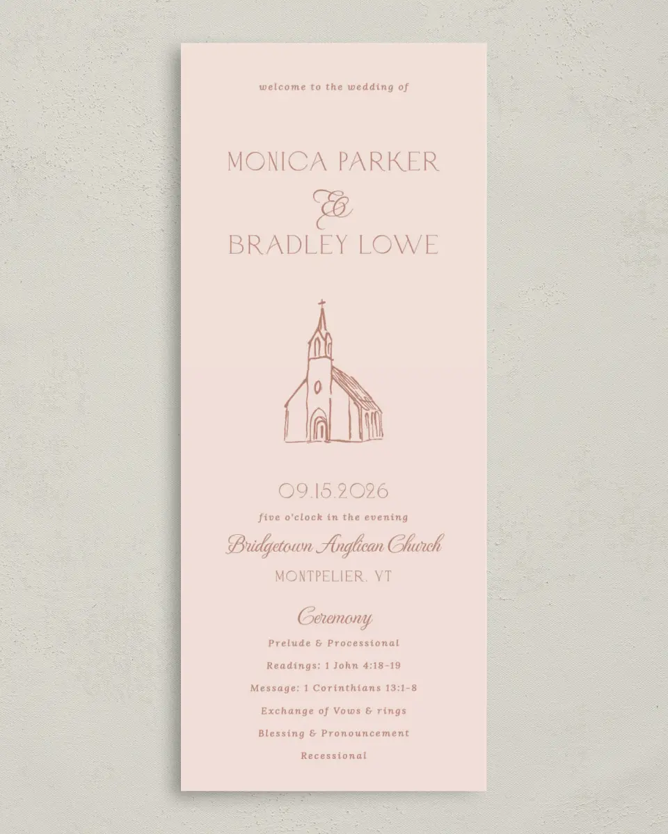 This is a 3⅝" x 8⅞" Tea-length Wedding Program called Bridgetown printed in full color on Premium Smooth paper