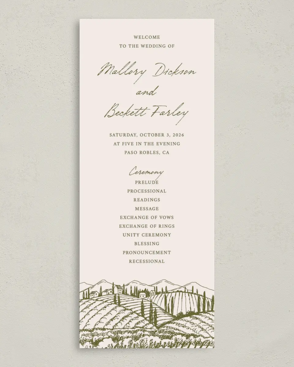 This is a 3⅝" x 8⅞" Tea-length Wedding Program called Ivyhill printed in full color on Premium Smooth paper