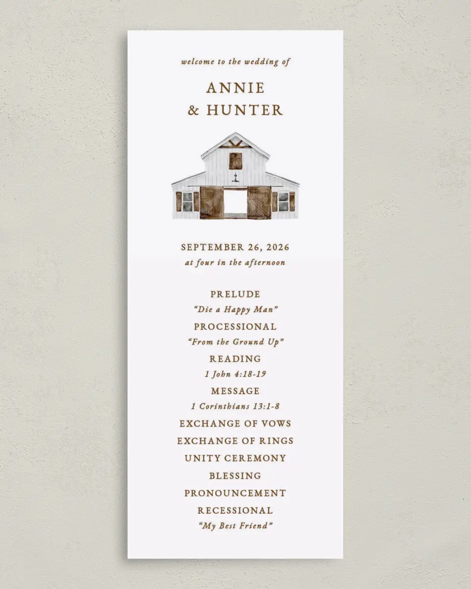 This is a 3⅝" x 8⅞" Tea-length Wedding Program called Cedarhill Crossing printed in full color on Premium Smooth paper
