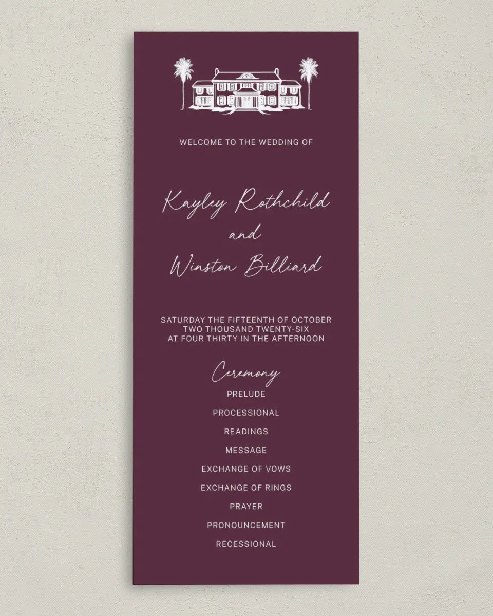 This is a 3⅝" x 8⅞" Tea-length Wedding Program called The Wilclift printed in full color on Premium Smooth paper