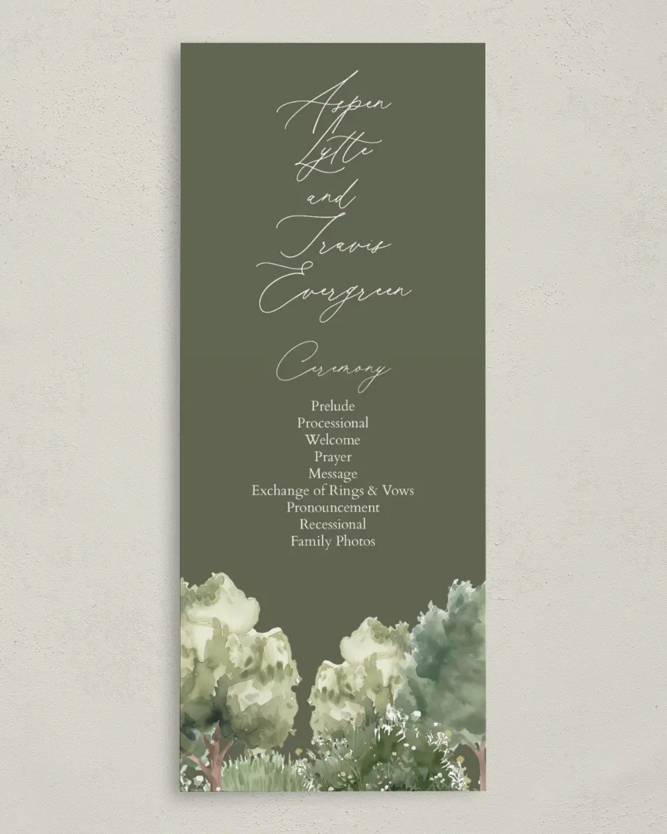 This is a 3⅝" x 8⅞" Tea-length Wedding Program called Willowmere printed in full color on Premium Smooth paper