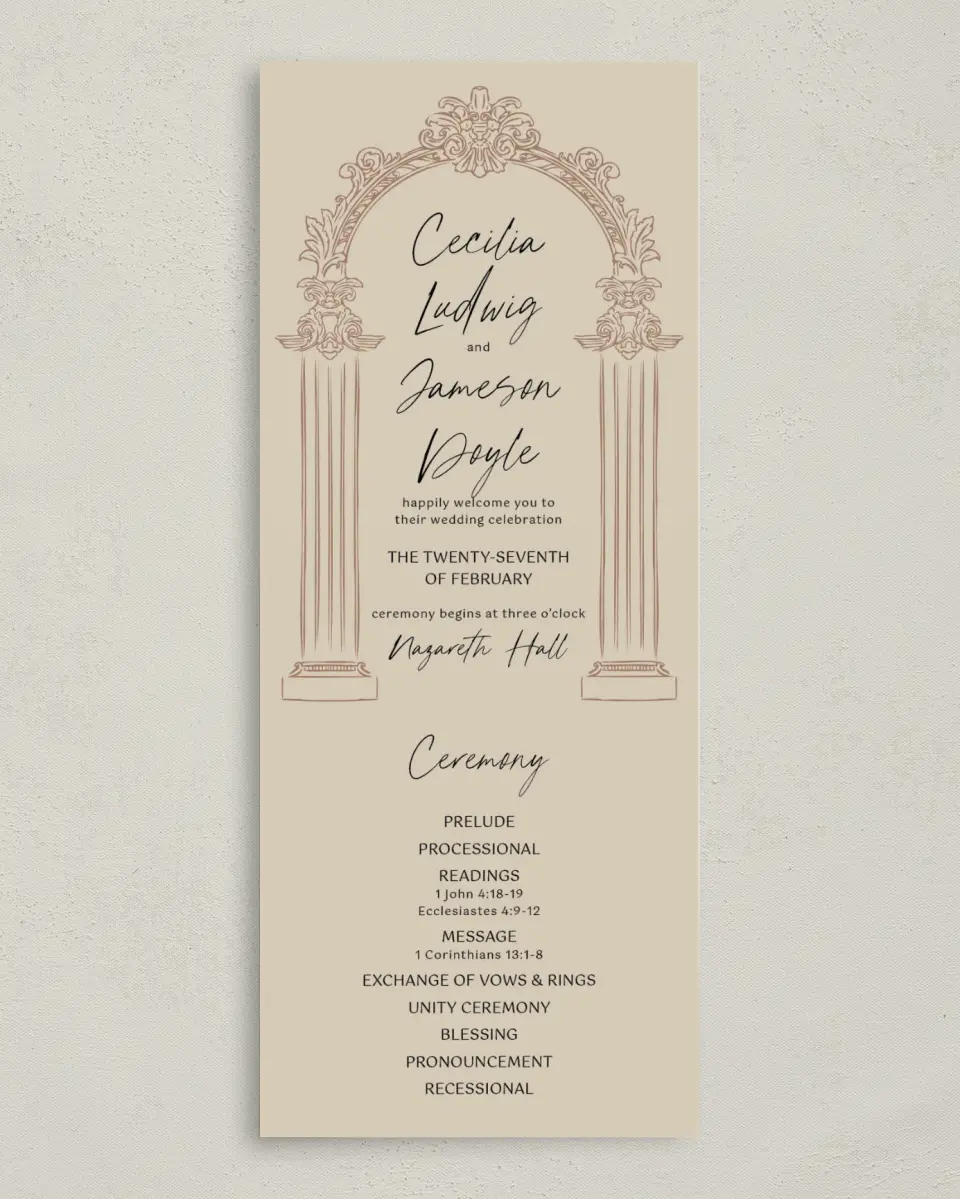 This is a 3⅝" x 8⅞" Tea-length Wedding Program called Nazareth & Stone printed in full color on Premium Smooth paper