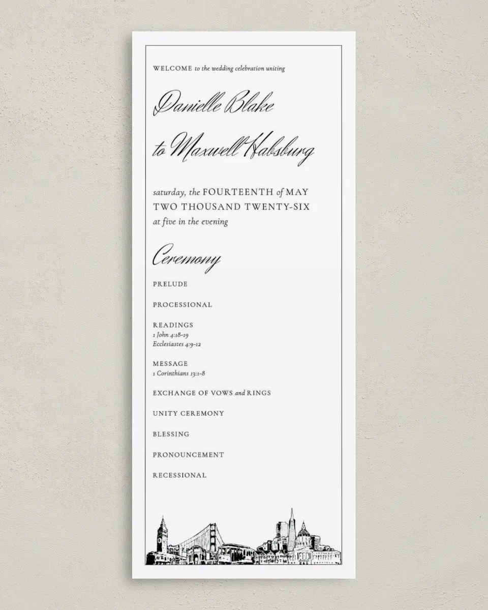 This is a 3⅝" x 8⅞" Tea-length Wedding Program called Commonwealth Club printed in full color on Premium Smooth paper