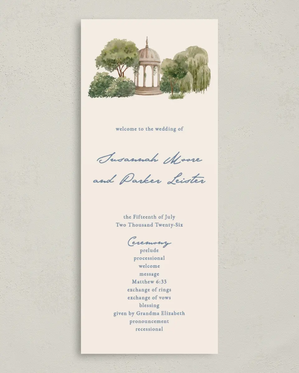 This is a 3⅝" x 8⅞" Tea-length Wedding Program called Rosewood printed in full color on Premium Smooth paper