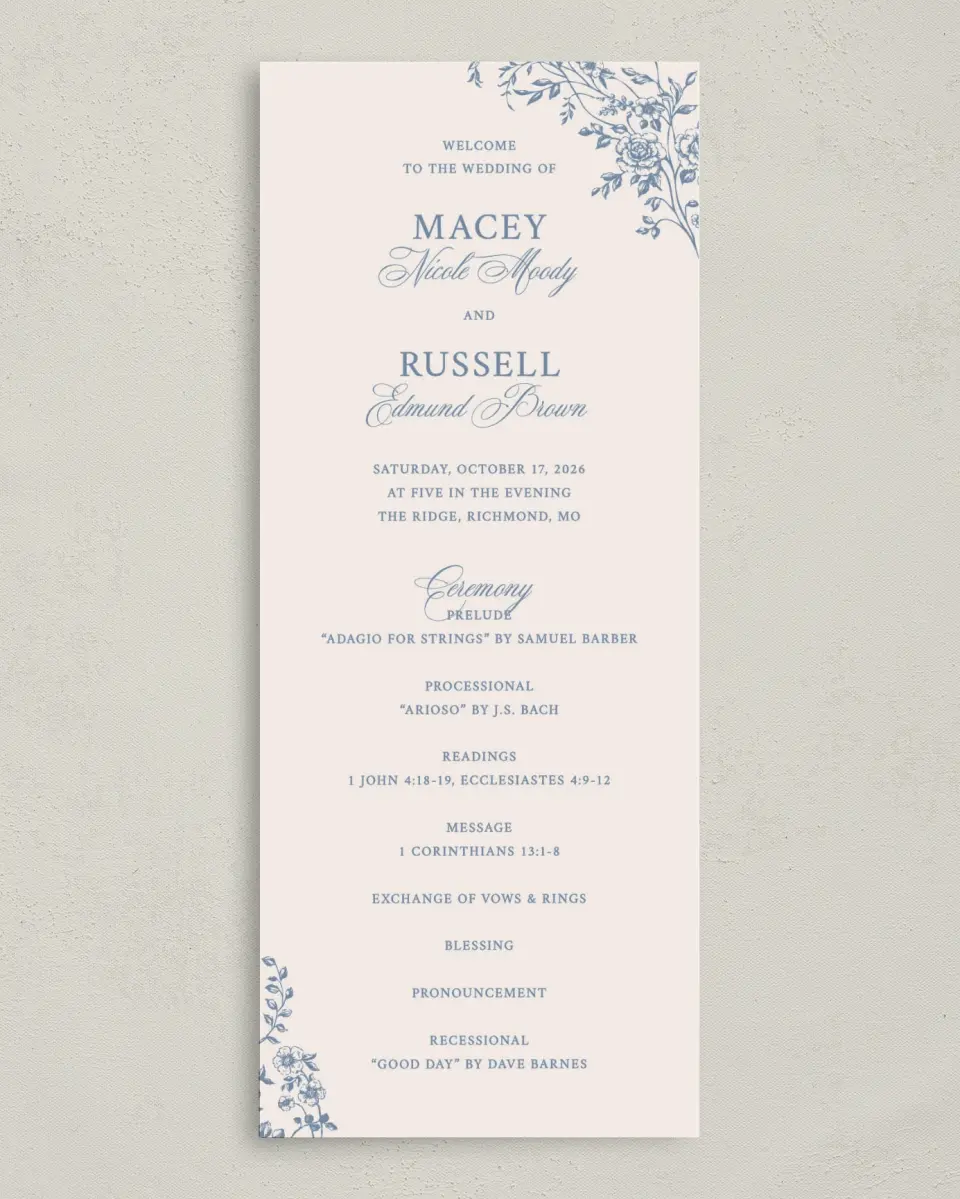 This is a 3⅝" x 8⅞" Tea-length Wedding Program called Vintage Reverie printed in full color on Premium Smooth paper