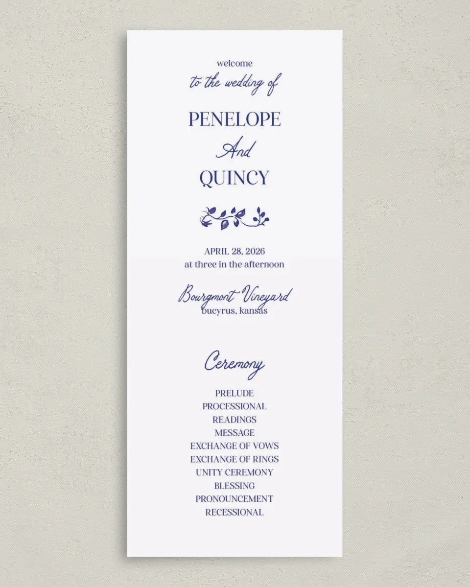 This is a 3⅝" x 8⅞" Tea-length Wedding Program called Storybook Garden printed in full color on Premium Smooth paper