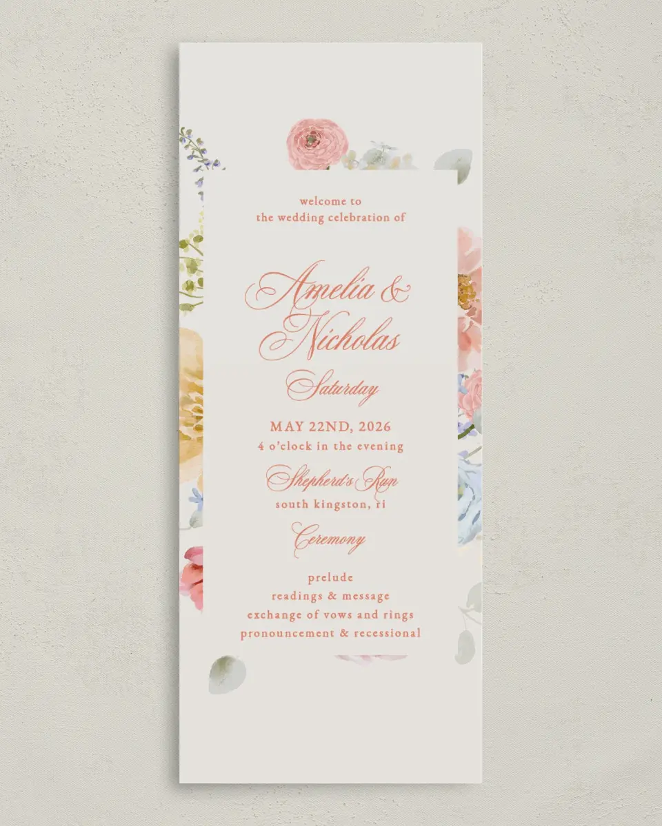 This is a 3⅝" x 8⅞" Tea-length Wedding Program called Forever Favorite printed in full color on Premium Smooth paper