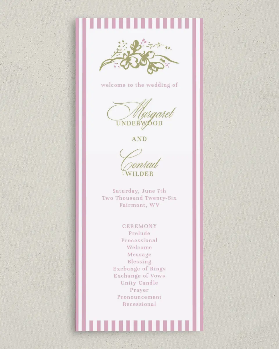 This is a 3⅝" x 8⅞" Tea-length Wedding Program called Evening in Bloom printed in full color on Premium Smooth paper