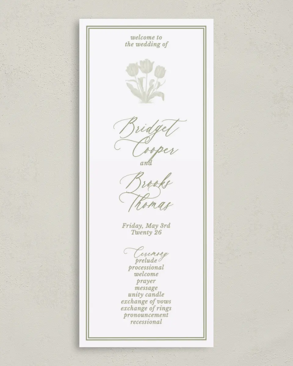 This is a 3⅝" x 8⅞" Tea-length Wedding Program called Timeless Tulips printed in full color on Premium Smooth paper