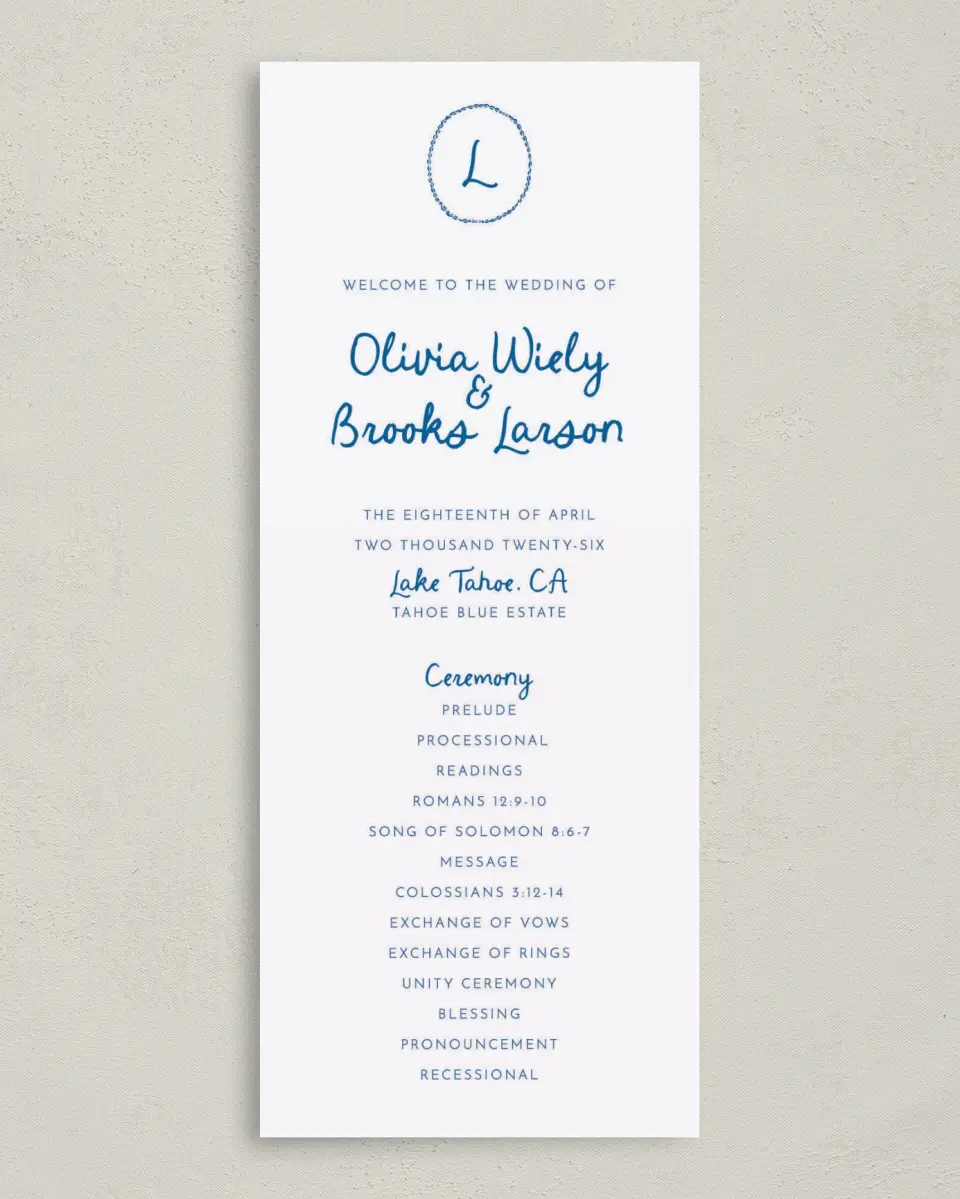 This is a 3⅝" x 8⅞" Tea-length Wedding Program called Scalloped Elegance printed in full color on Premium Smooth paper