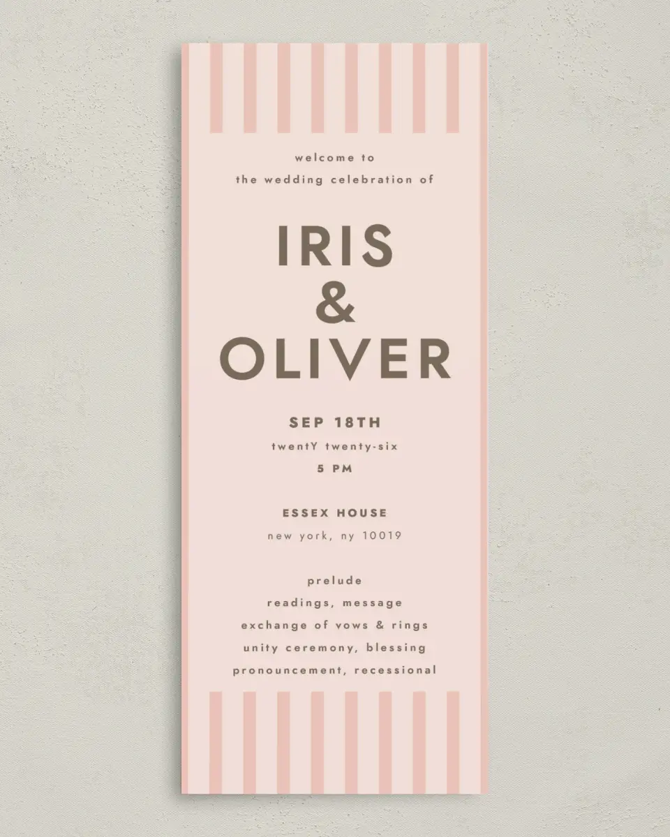 This is a 3⅝" x 8⅞" Tea-length Wedding Program called Serendipity & Stripes printed in full color on Premium Smooth paper